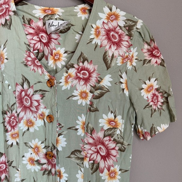 Vintage New Looks Floral Midi Dress Fairy Button Down 80s 90s Short Sleeve Green - Picture 2 of 10
